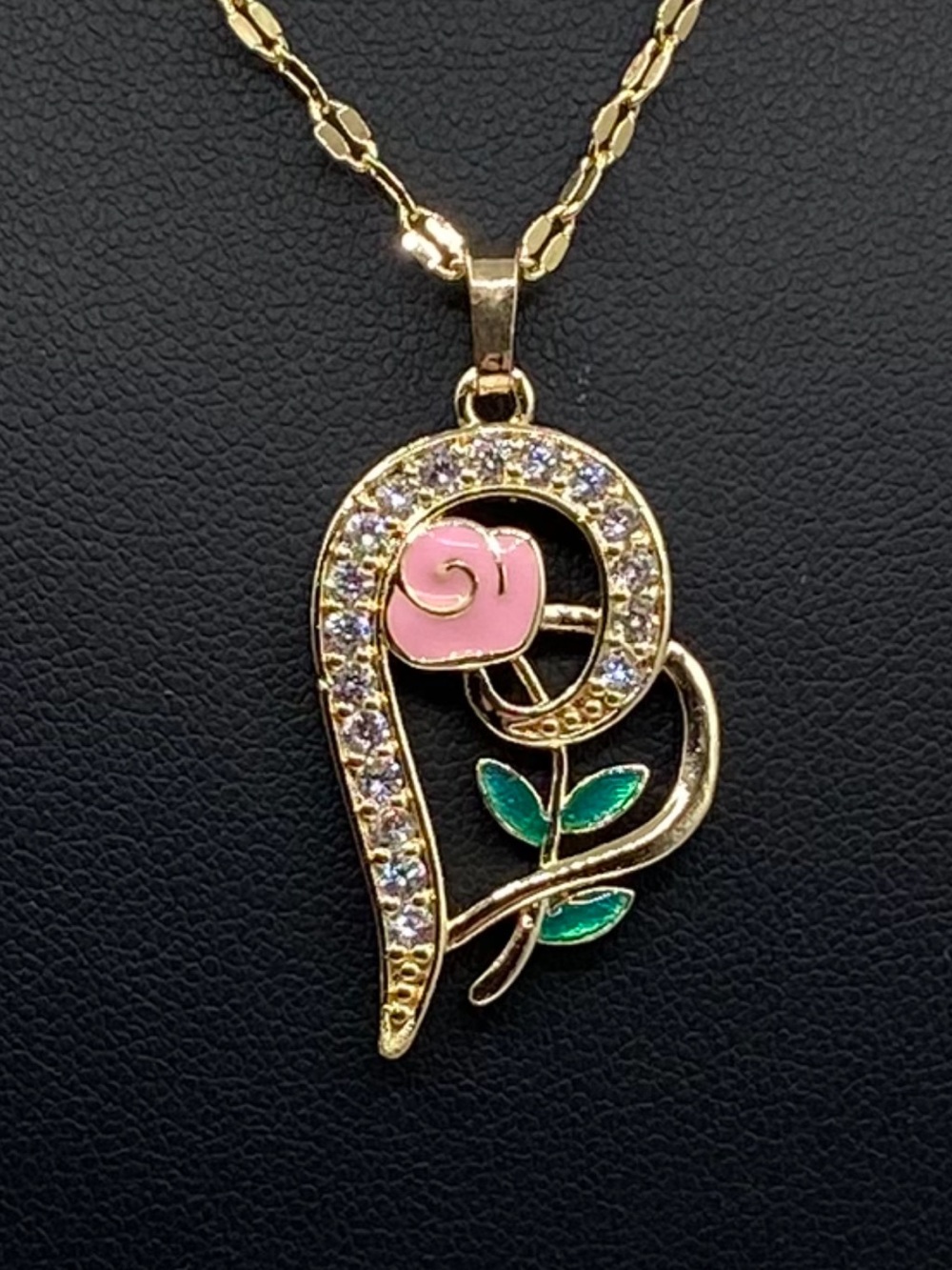 Gold-tone Pink Rose Pendant Necklace with Green Enamel Leaves